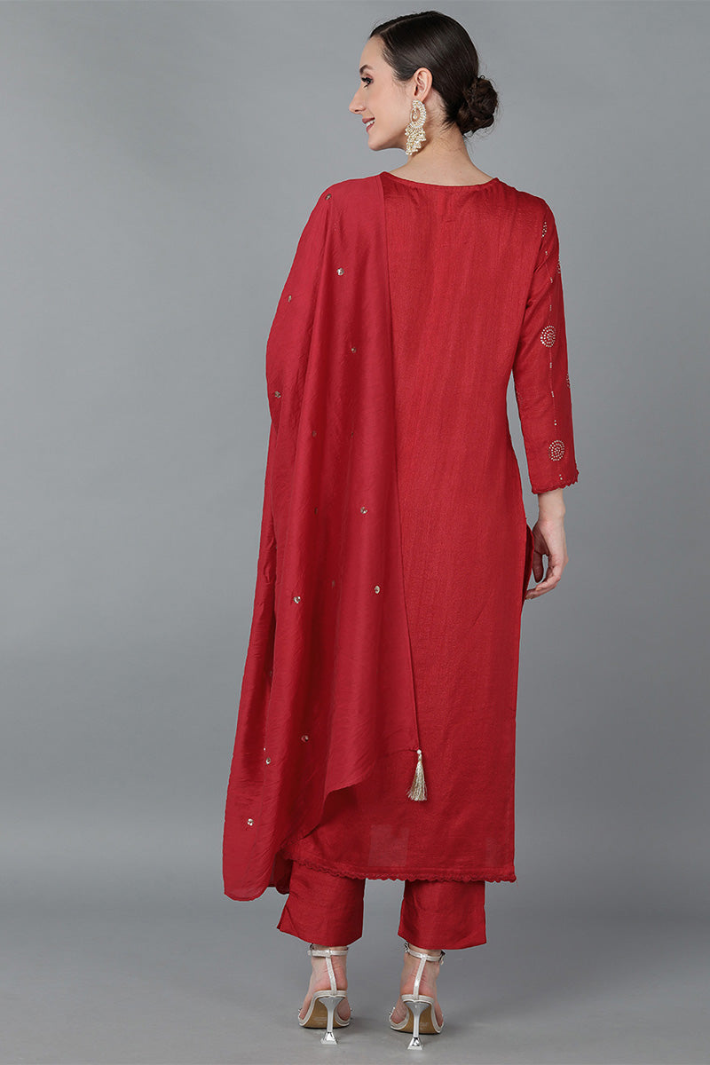 Red Silk Blend Solid Kurta Trousers With Dupatta PKSKD1614 | DesiQlo