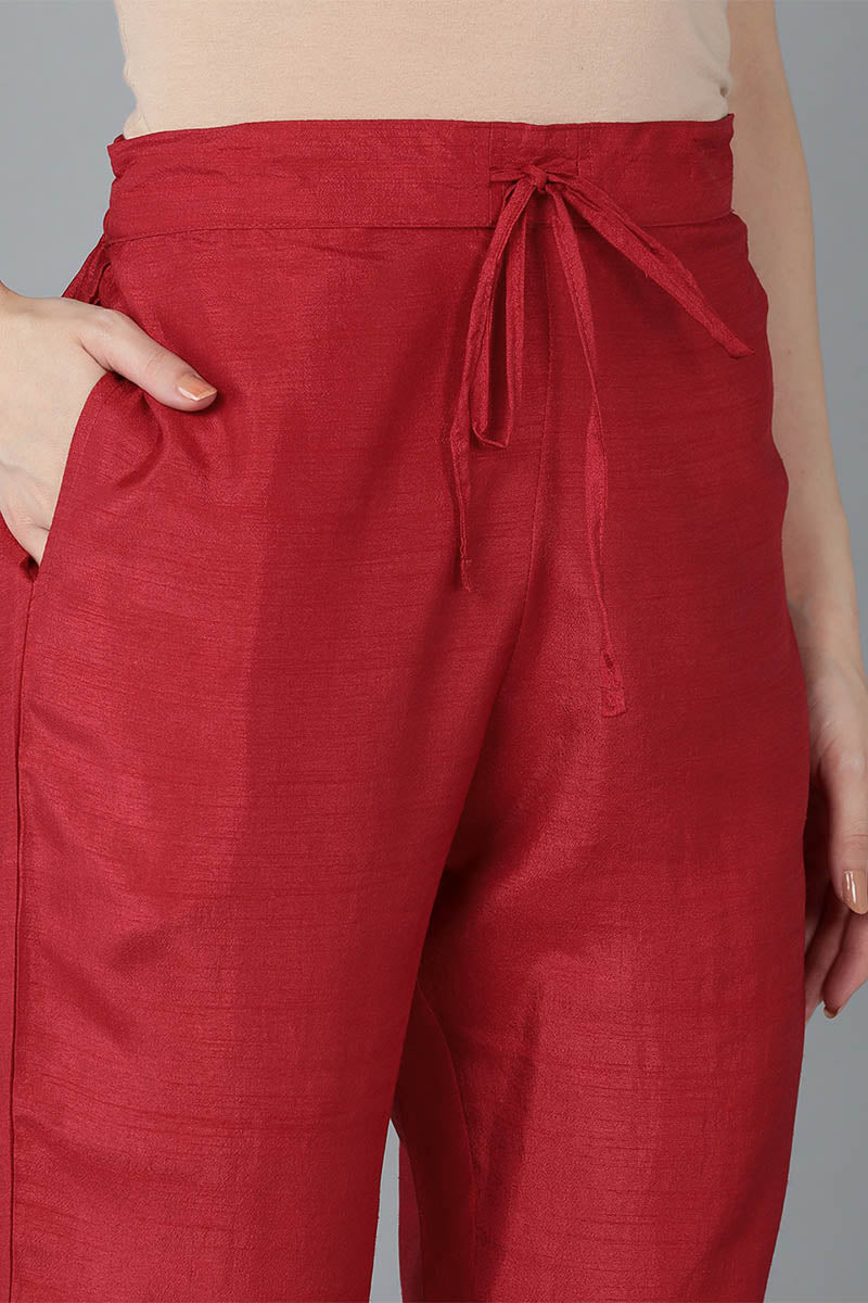 Red Silk Blend Solid Kurta Trousers With Dupatta PKSKD1614 | DesiQlo