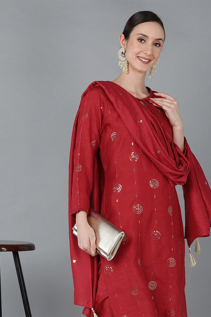 Red Silk Blend Solid Kurta Trousers With Dupatta PKSKD1614 | DesiQlo