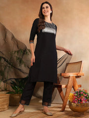 Women Black Poly Silk Yoke Design Kurta Trousers With Dupatta