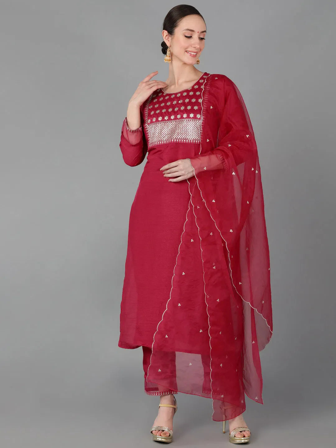 Red Poly Silk Kurta Set with Dupatta - Designer Kurta Sets