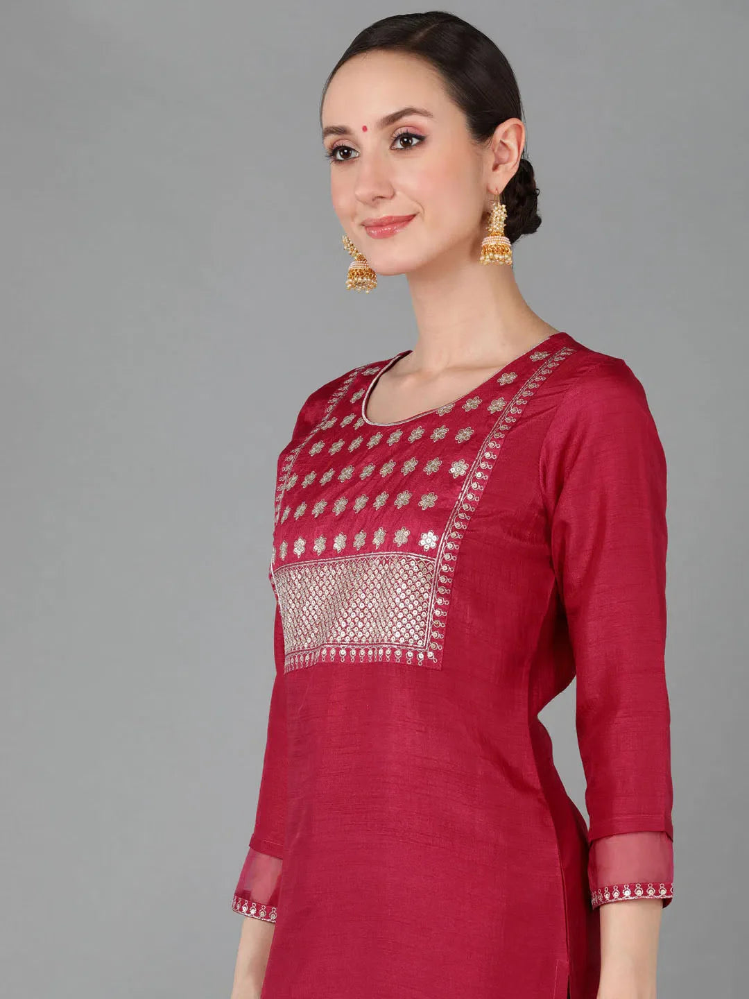 Red Poly Silk Kurta Set with Dupatta - Designer Kurta Sets