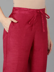 Women Red Poly Silk Yoke Design Kurta Trousers With Dupatta