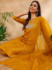 Women Mustard Poly Silk Yoke Design Kurta Trousers With Dupatta