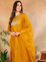 Women Mustard Poly Silk Yoke Design Kurta Trousers With Dupatta
