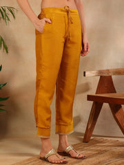 Women Mustard Poly Silk Yoke Design Kurta Trousers With Dupatta