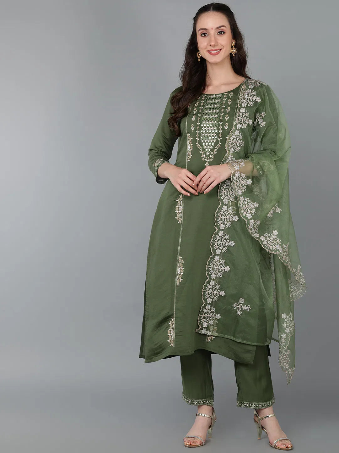 Embroidered Silk Blend Women's Kurta Trouser Set - Indian Style