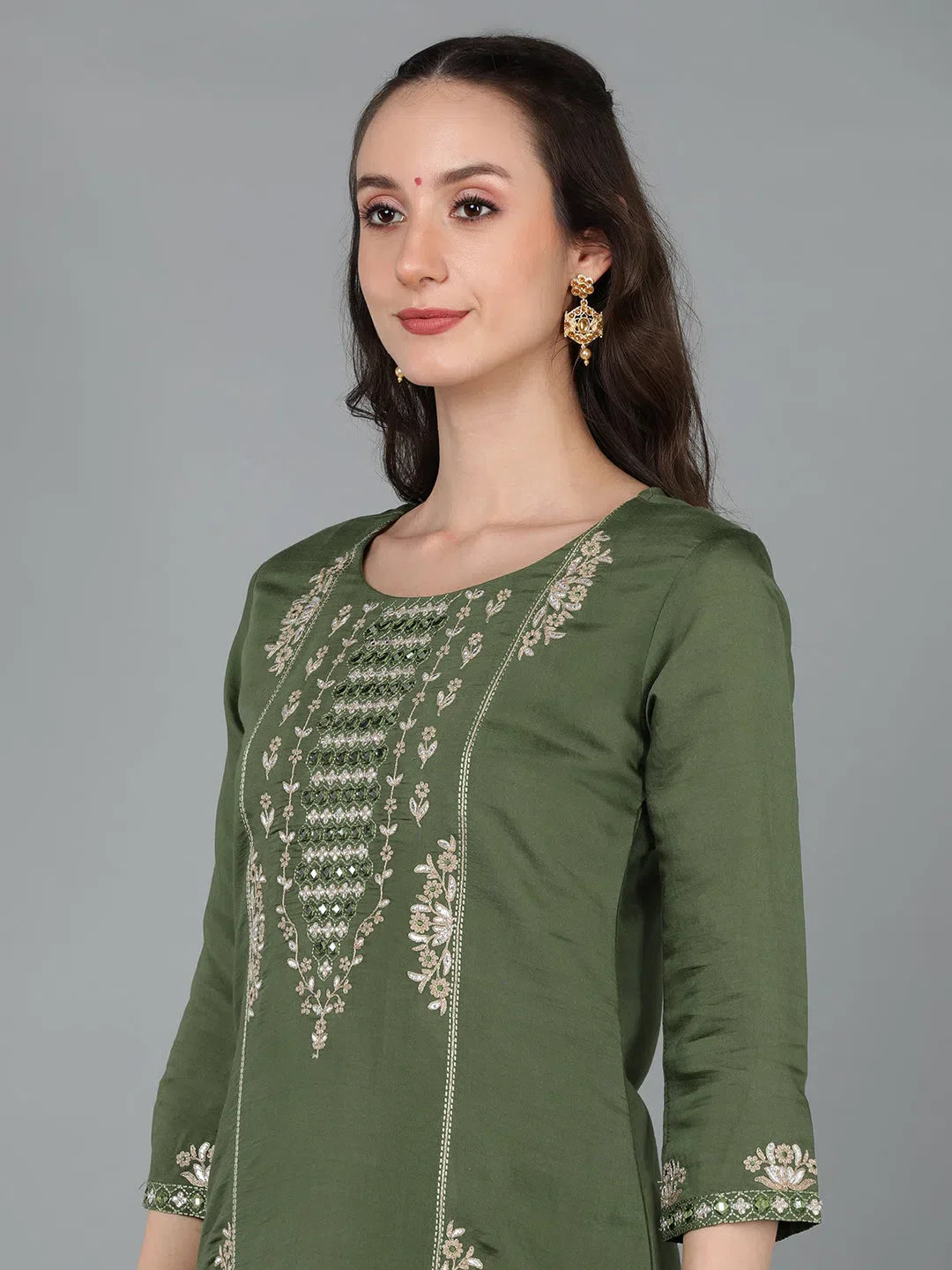 Embroidered Silk Blend Women's Kurta Trouser Set - Indian Style