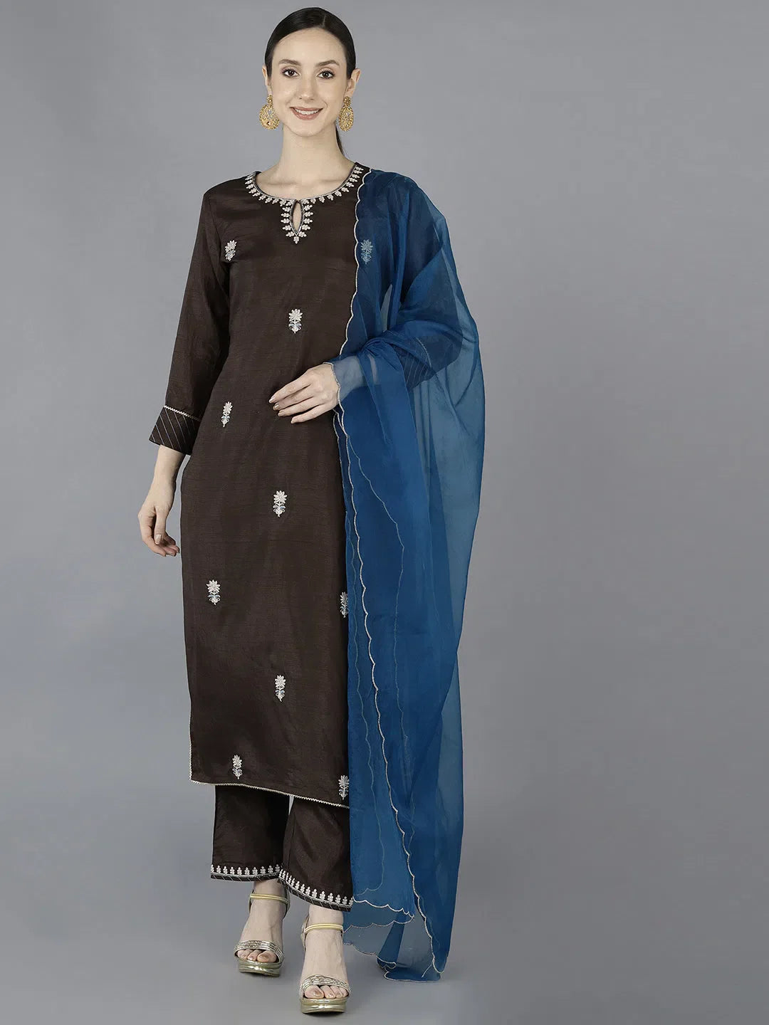 Grey Silk Blend Embroidered Indian Kurtis - DesiQlo