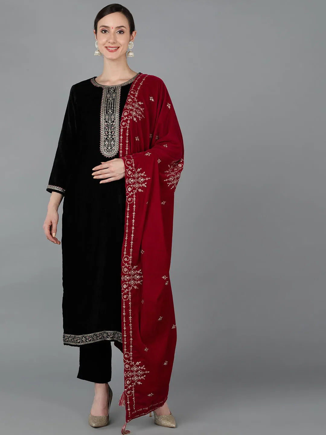 Black Velvet Kurta Set with Dupatta - Designer Indian Kurta Sets