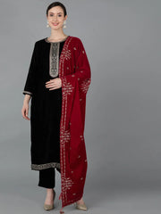 Women Black Velvet Kurta Trousers With Dupatta