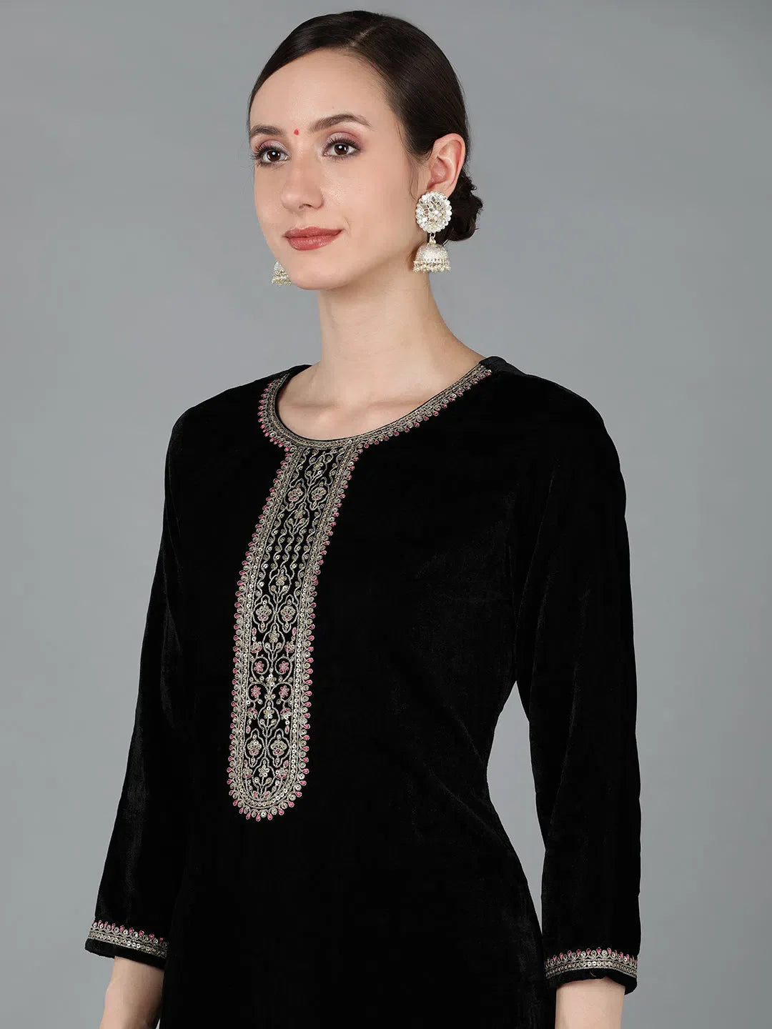 Black Velvet Kurta Set with Dupatta - Designer Indian Kurta Sets