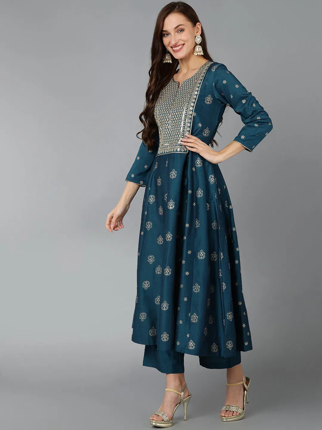 Silk Embroidered Woven Design Women's Kurta Sets | Indian