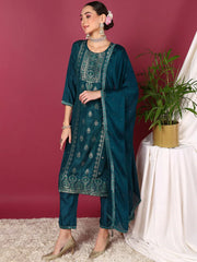 Women Teal Silk Blend Woven Design Straight Kurta Pant Set With Dupatta