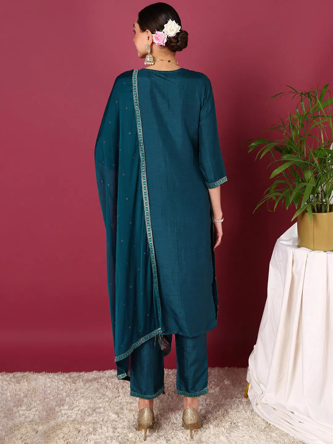 Teal Silk Blend Kurta Pant Set with Dupatta | Designer Kurtas