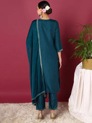 Women Teal Silk Blend Woven Design Straight Kurta Pant Set With Dupatta