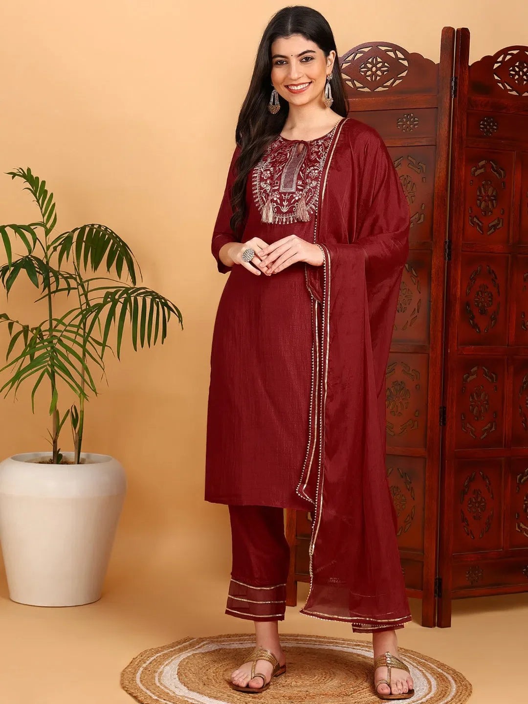 Women Silk Blend Embroidered Kurta Trouser-PKSKD1789