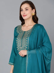 Women Silk Blend Embroidered Kurta Trousers-PKSKD1810