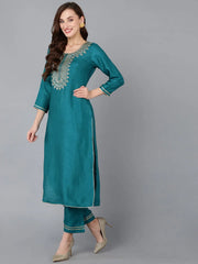 Women Silk Blend Embroidered Kurta Trousers-PKSKD1810