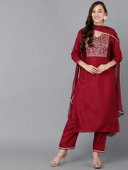 Women Silk Blend Embroidered Kurta Trousers-PKSKD1811
