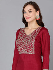 Women Silk Blend Embroidered Kurta Trousers-PKSKD1811