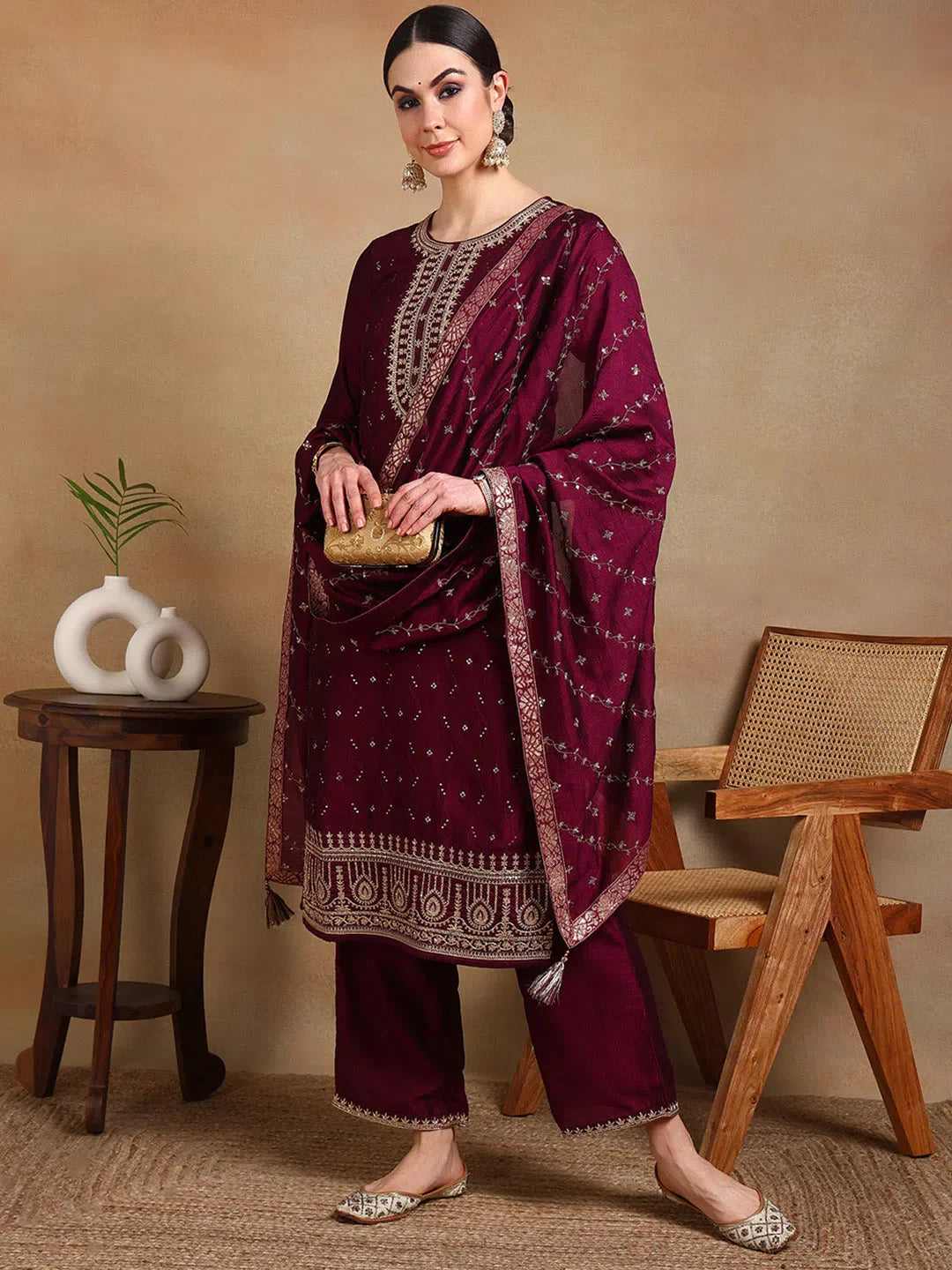 Burgundy Embroidered Kurta and Palazzo Set - Women's Fashion