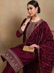 Women Burgundy Silk Blend Embroidered Straight Kurta Palazzo Set With Dupatta-PKSKD1816B