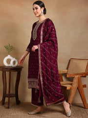Women Burgundy Silk Blend Embroidered Straight Kurta Palazzo Set With Dupatta-PKSKD1816B