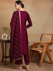 Women Burgundy Silk Blend Embroidered Straight Kurta Palazzo Set With Dupatta-PKSKD1816B