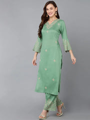 Women Silk Blend Embroidered Kurta Palazzos-PKSKD1845