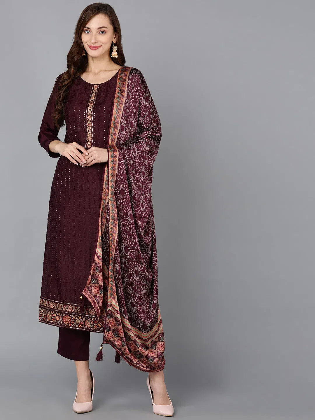 Women Silk Blend Embroidered Kurta Trousers-PKSKD1846