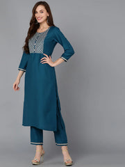 Women Silk Blend Embroidered Kurta Trousers-PKSKD1858