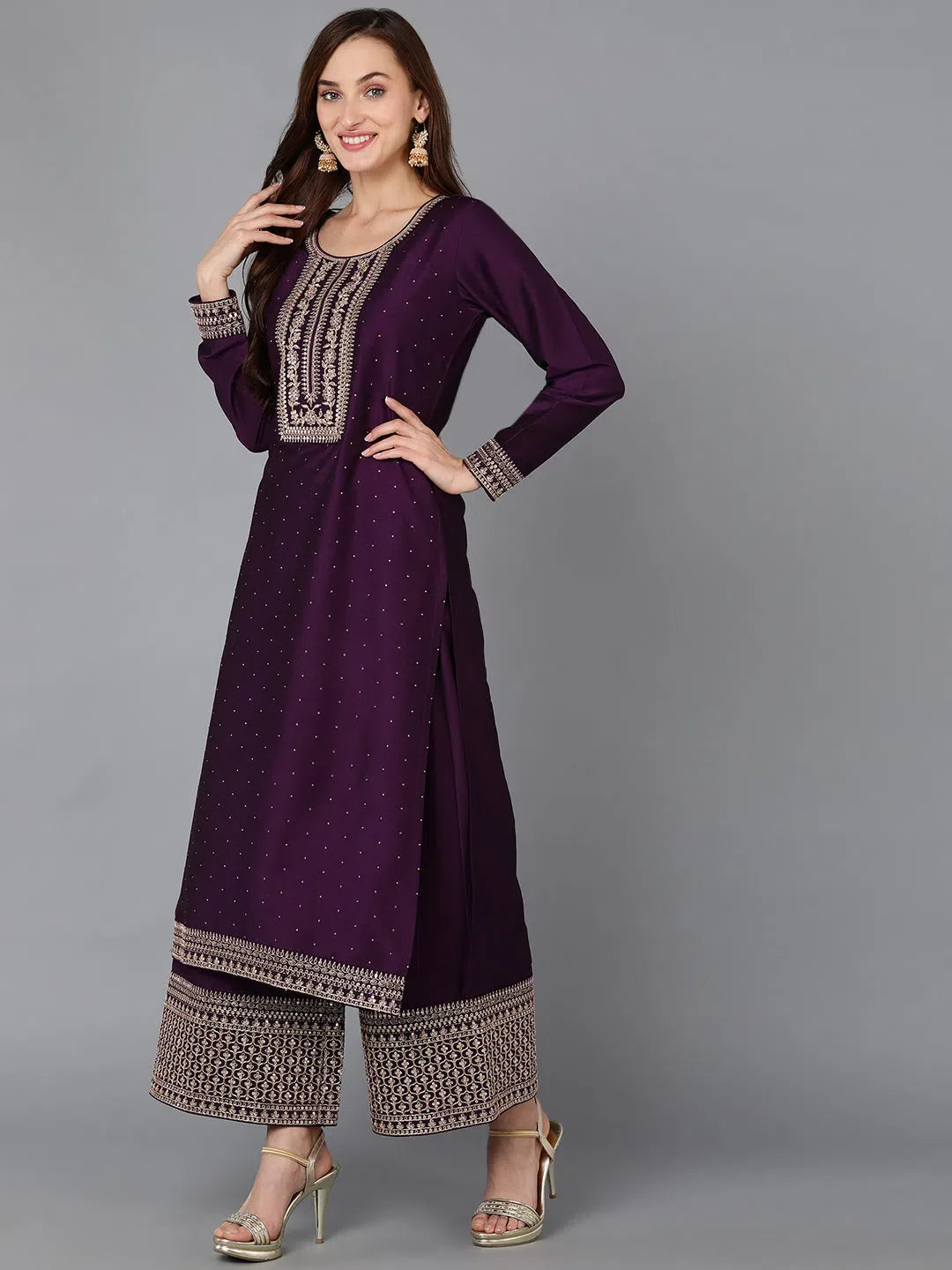 Women's Embroidered Silk Kurta Palazzo Set | Festive Outfit
