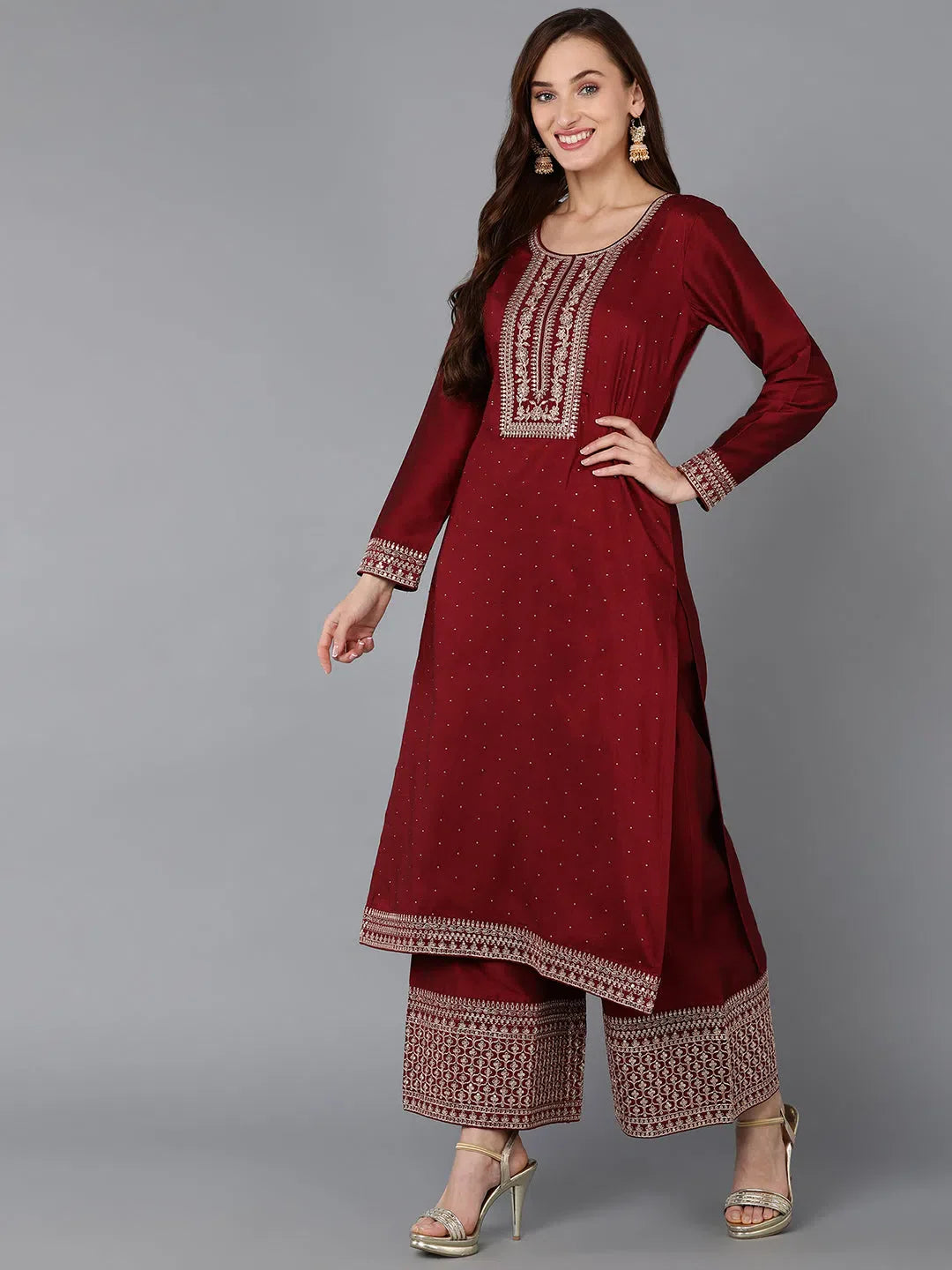 Silk Embroidered Kurta Palazzo Set - Women's Party Wear