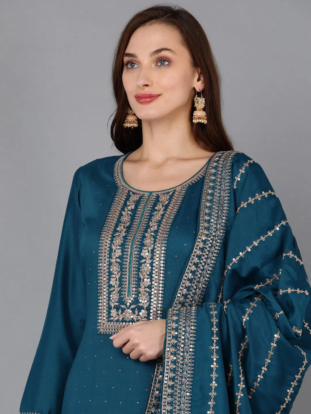 Silk Embroidered Kurta Palazzo Pants Set - Women's Ethnic Wear