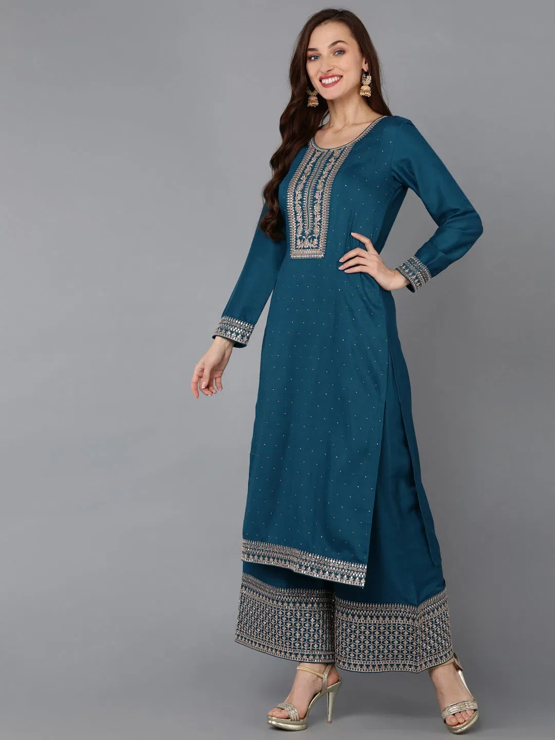 Silk Embroidered Kurta Palazzo Pants Set - Women's Ethnic Wear