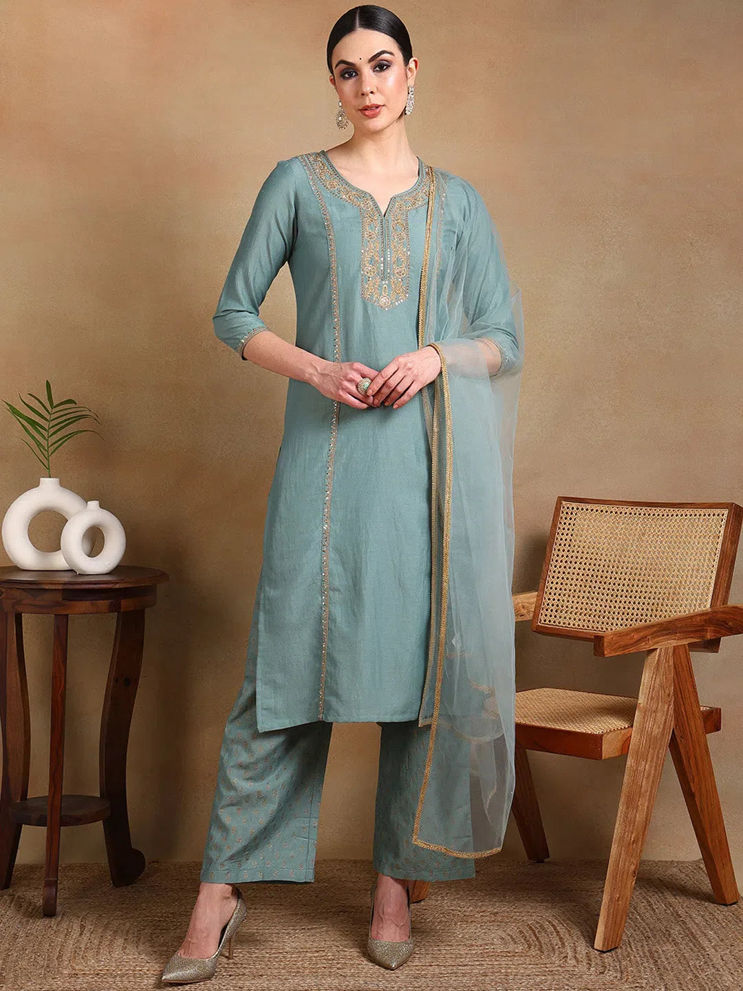Women Sea Green Silk Blend Embroidered Straight Kurta Palazzo Set With Dupatta
