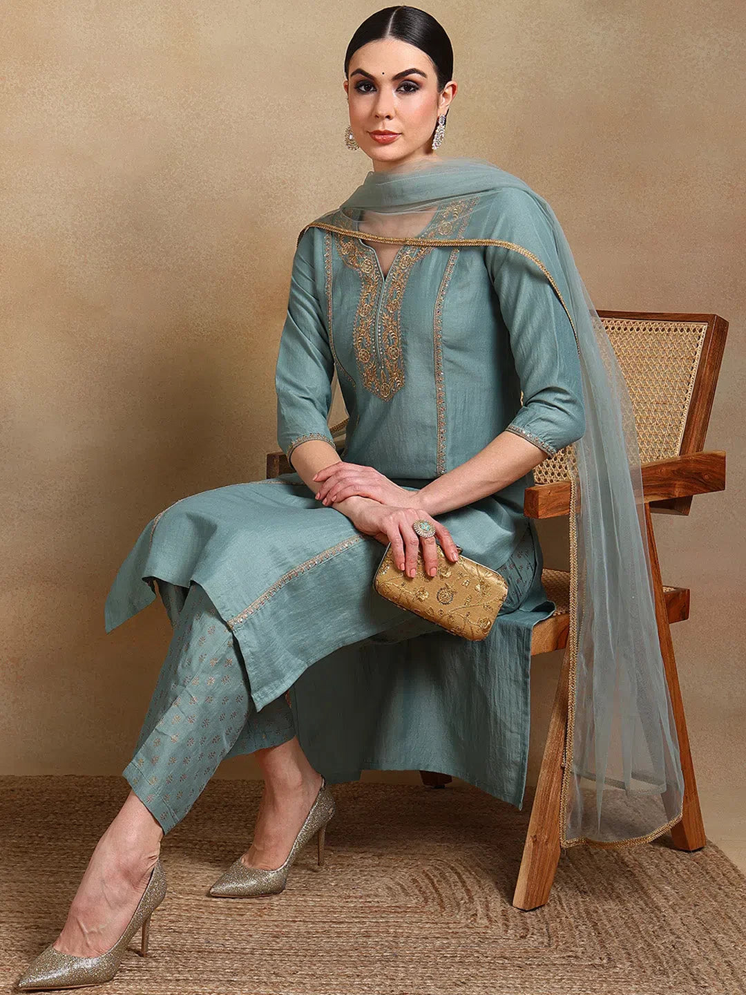 Sea Green Kurta Palazzo Set with Dupatta - Women's Palazzo Sets