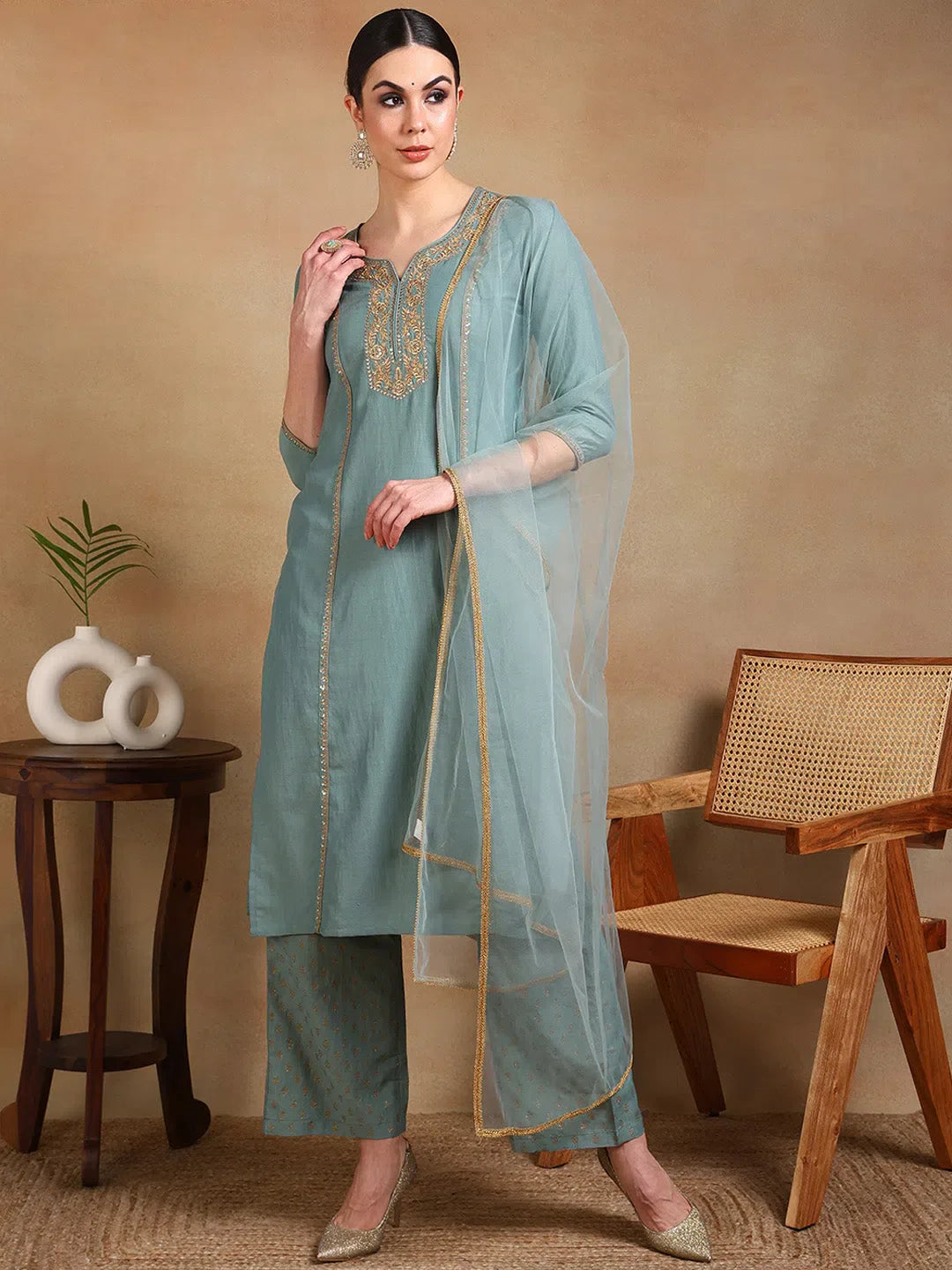 Sea Green Kurta Palazzo Set with Dupatta - Women's Palazzo Sets