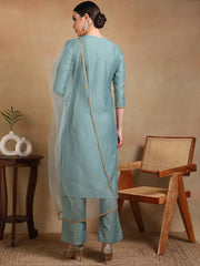 Women Sea Green Silk Blend Embroidered Straight Kurta Palazzo Set With Dupatta