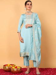 Women Turquoise Blue Silk Blend Solid Embroidered Straight Suit Set