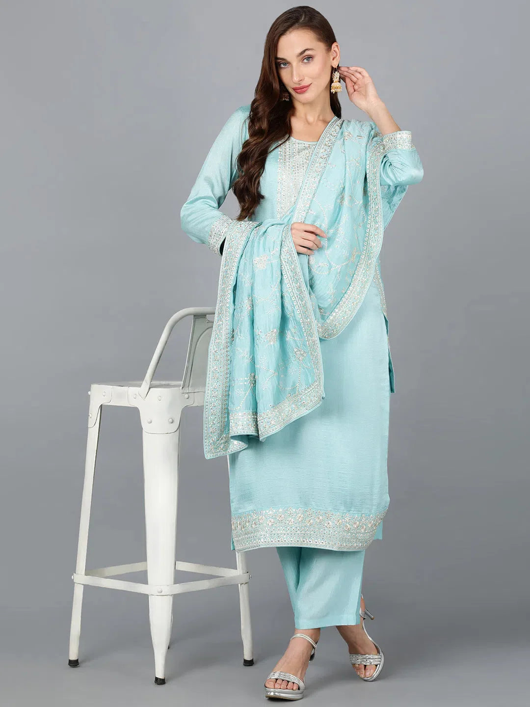 Ice Blue Silk Embroidered Festive Lehenga | Women's Lehenga