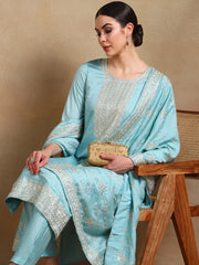 Women Blue Silk Blend Embroidered Straight Kurta Pant Set With Dupatta-PKSKD1888D