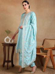 Women Blue Silk Blend Embroidered Straight Kurta Pant Set With Dupatta-PKSKD1888D
