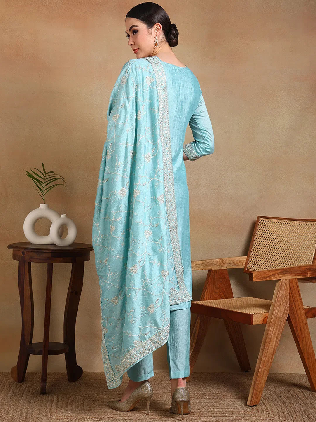 Blue Silk Blend Kurta Set with Dupatta - Indian Kurta Sets