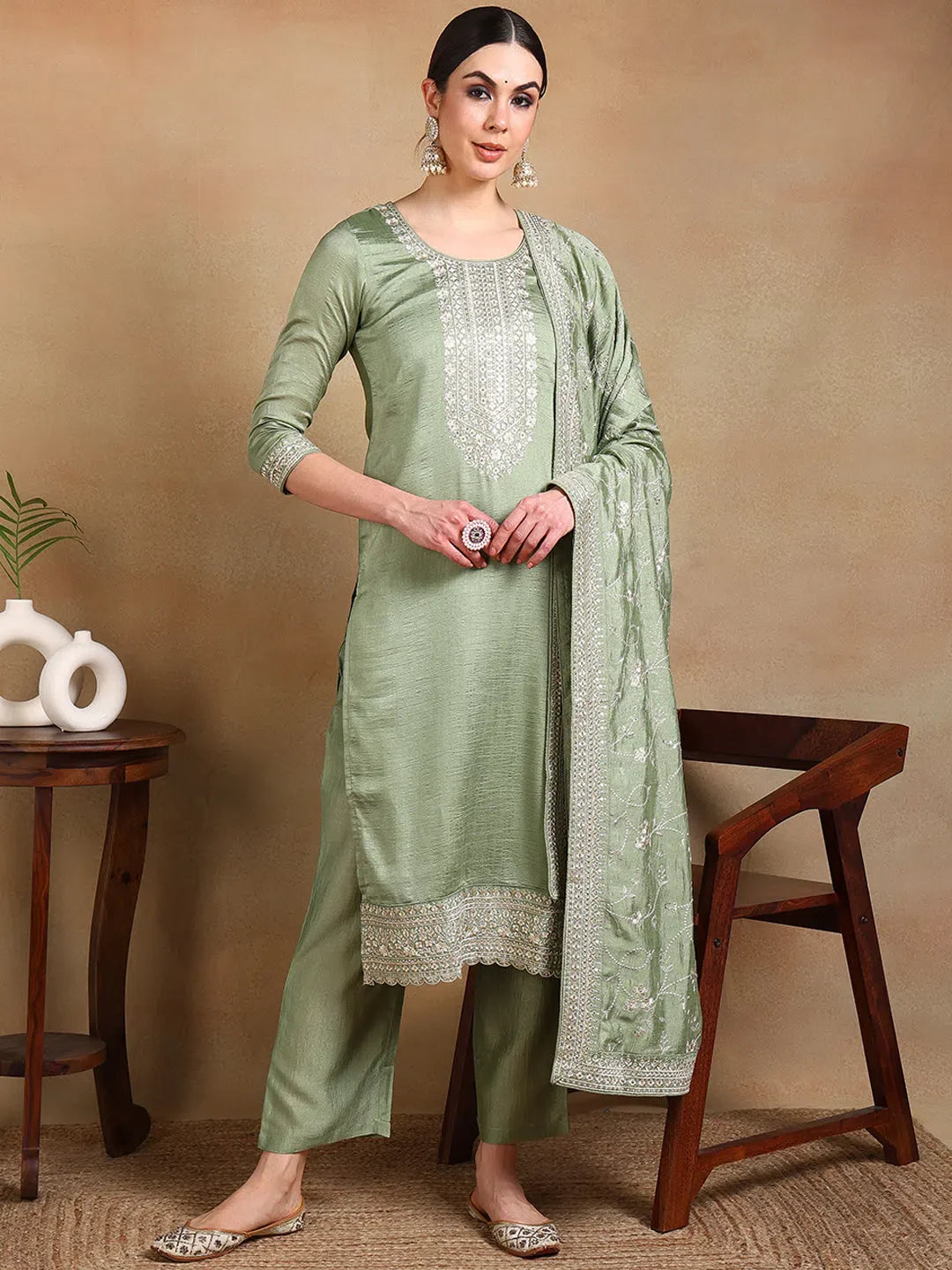 Green Silk Blend Embroidered Kurta Pant Set With Dupatta