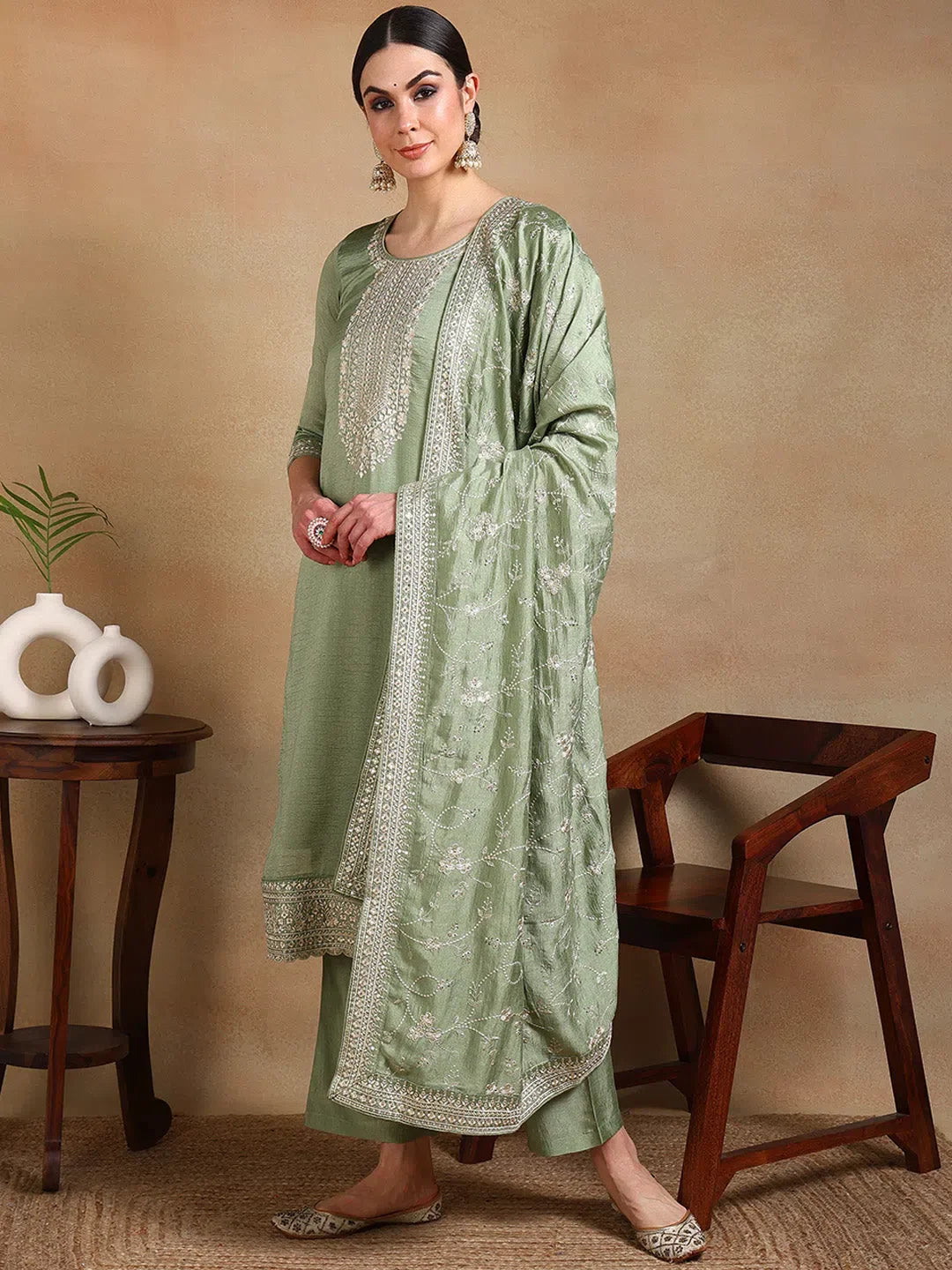Green Silk Blend Embroidered Kurta Pant Set With Dupatta