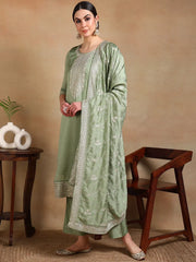 Women Green Silk Blend Embroidered Straight Kurta Pant Set With Dupatta-PKSKD1897D