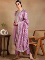 Women Lavender Silk Blend Embroidered Straight Kurta Pant Set With Dupatta-PKSKD1898D