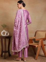 Women Lavender Silk Blend Embroidered Straight Kurta Pant Set With Dupatta-PKSKD1898D